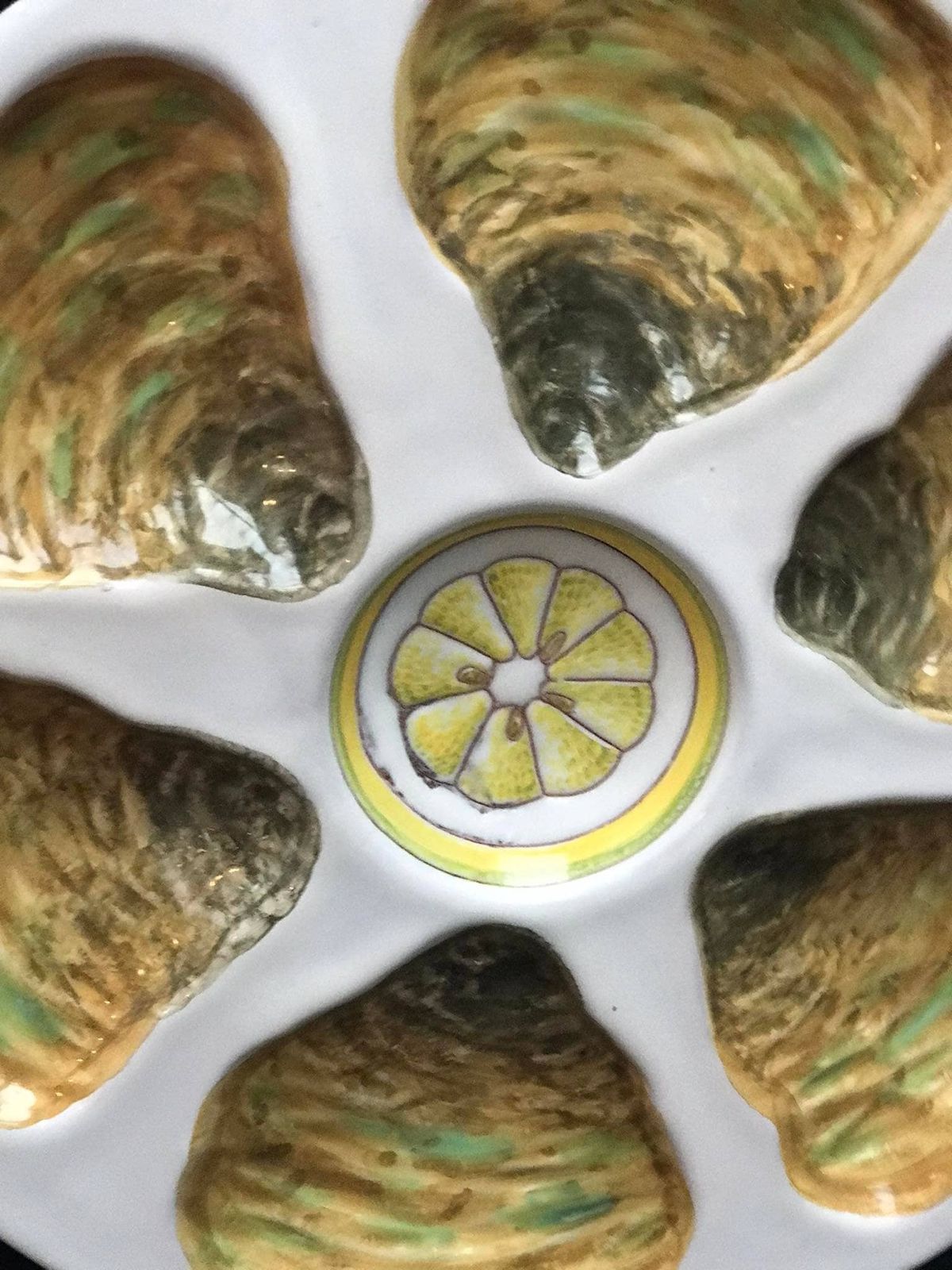 Oyster Plate Majolica Oyster Dish Italian Yellow White And Green Majolica Oyster Plate Collectable Glazed Hand Painted Collection photo 170.0