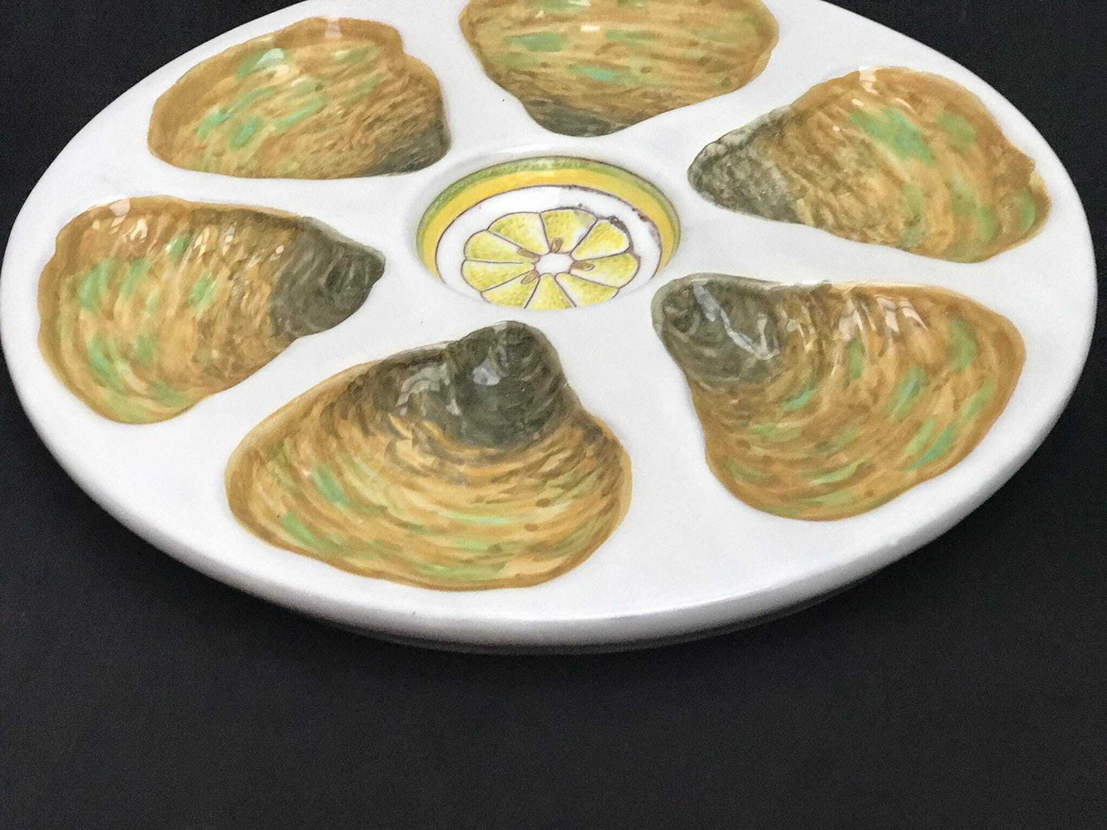 photo for sale Oyster Plate Majolica Oyster Dish Italian Yellow White And Green Majolica Oyster Plate Collectable Glazed Hand Painted Collection