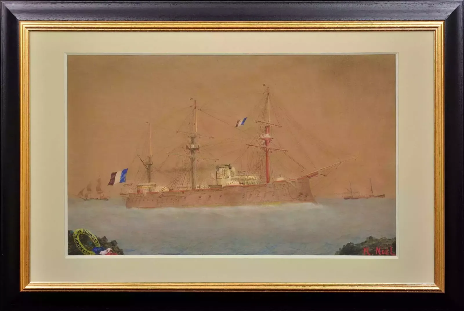 French Navy Ironclad Battleship. A La Mémoire De Courbet. Circa 1910. Framed Watercolour Painting. A Sailor's Lament For His Ship & Shipmates.