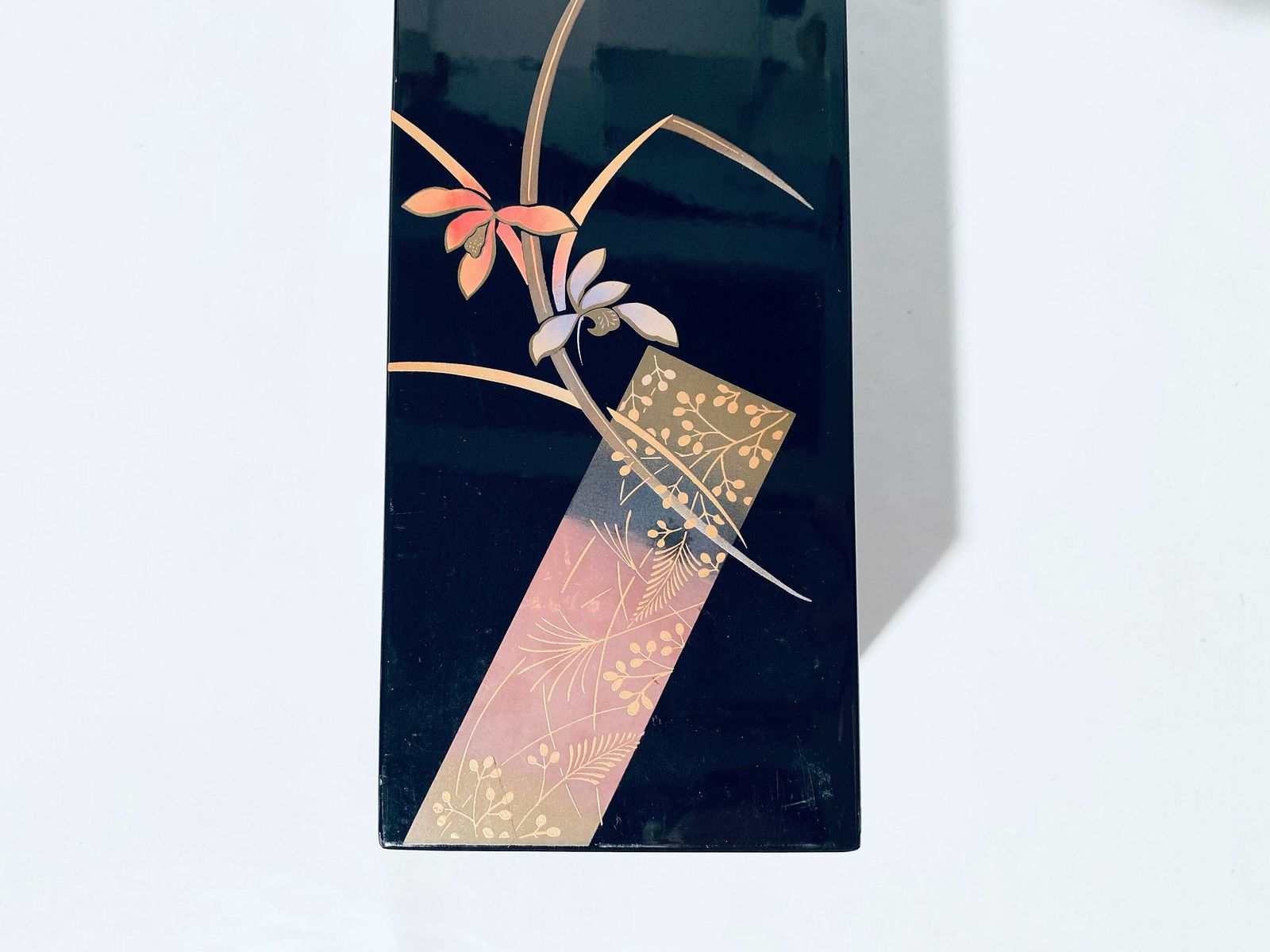 Large Japanese Art Deco Black Lacquer Rectangular Vase With Floral Motif / Traditional Art 1940s photo Home Decor