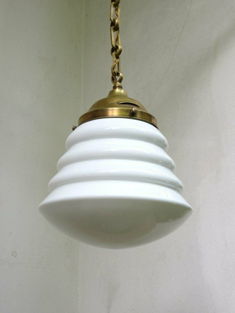 Extraordinary Art Nouveau Ceiling Lamp In Brass And Opaline Glass, Austria, 1910s photo 4604.45