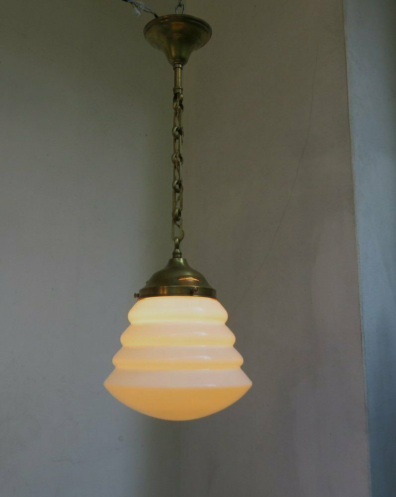 Extraordinary Art Nouveau Ceiling Lamp In Brass And Opaline Glass, Austria, 1910s photo buy