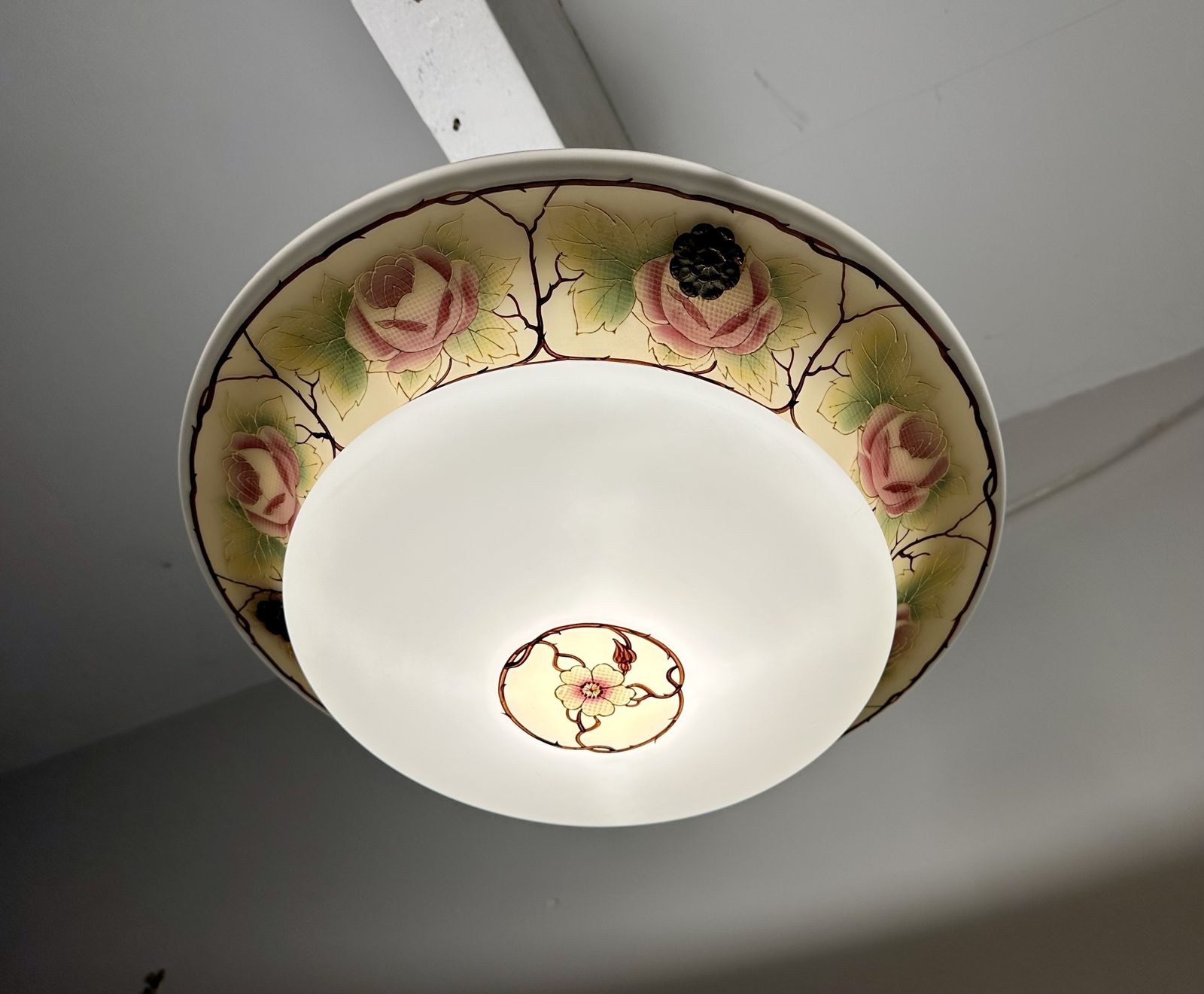 Classic Edwardian Fluted Glass Plafonnier With A Hand Painted Rose Design, Restored, Rewired Ready To Be Placed C.1910 Two Available. photo 380.0