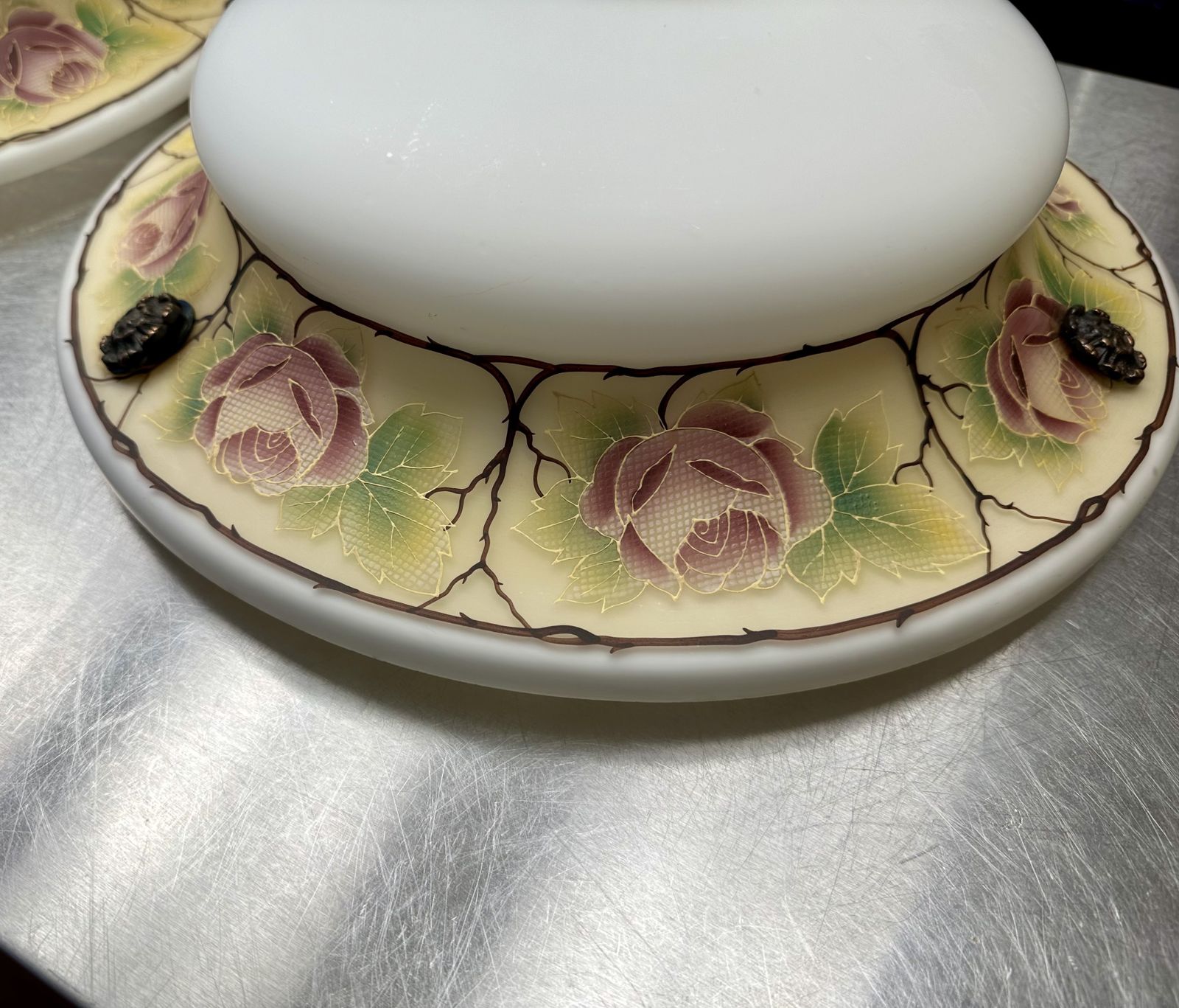 Classic Edwardian Fluted Glass Plafonnier With A Hand Painted Rose Design, Restored, Rewired Ready To Be Placed C.1910 Two Available. photo vintage