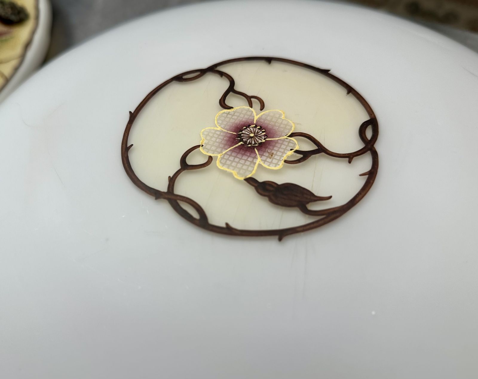 Lighting Classic Edwardian Fluted Glass Plafonnier With A Hand Painted Rose Design, Restored, Rewired Ready To Be Placed C.1910 Two Available. photo