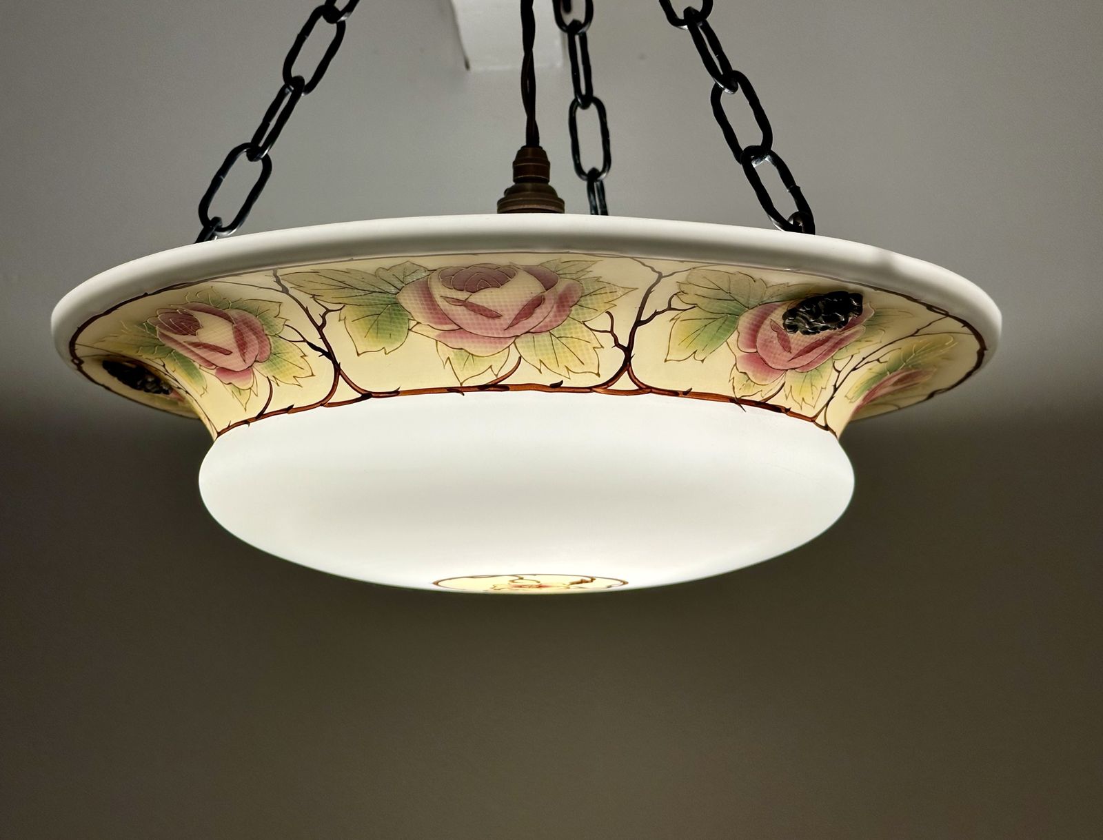 photo vinterior Classic Edwardian Fluted Glass Plafonnier With A Hand Painted Rose Design, Restored, Rewired Ready To Be Placed C.1910 Two Available.