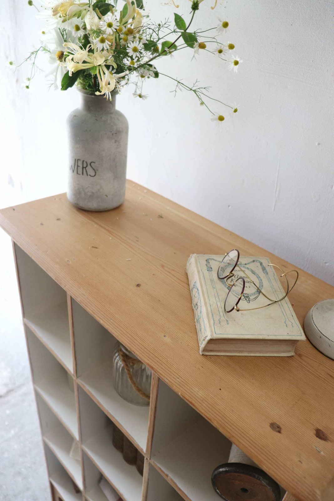 Vintage Freestanding Open Pine Pigeon Hole Cupboard With Linen Painted Shelves photo vinterior