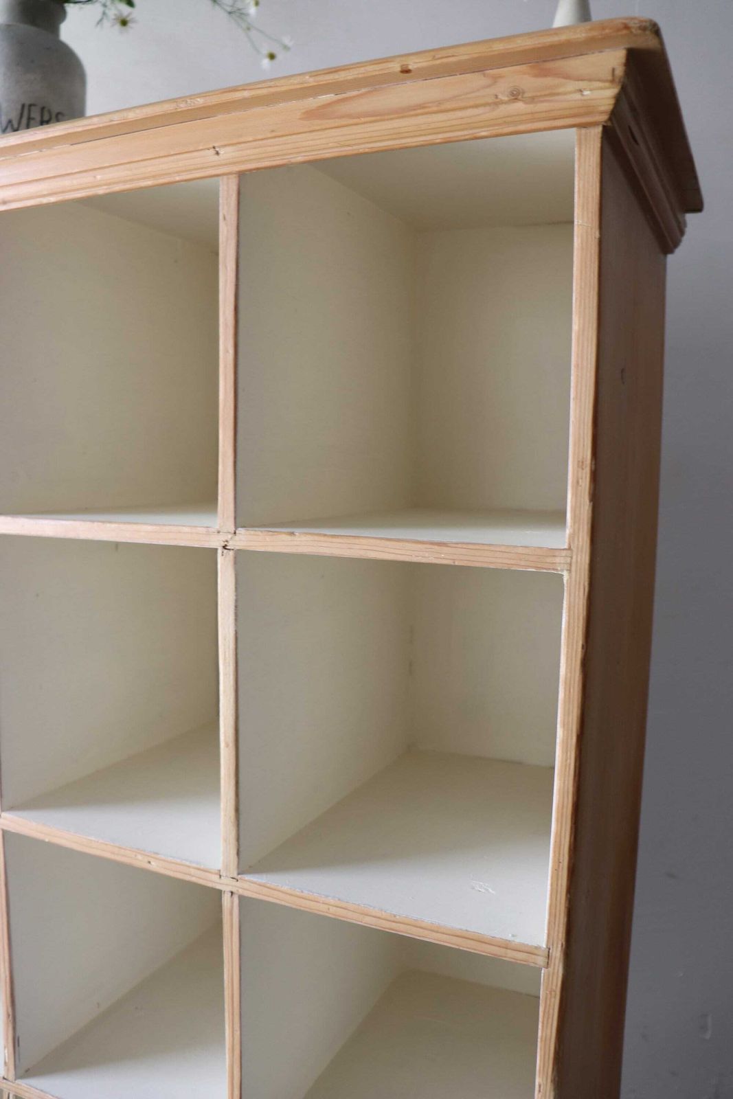 photo for sale Vintage Freestanding Open Pine Pigeon Hole Cupboard With Linen Painted Shelves