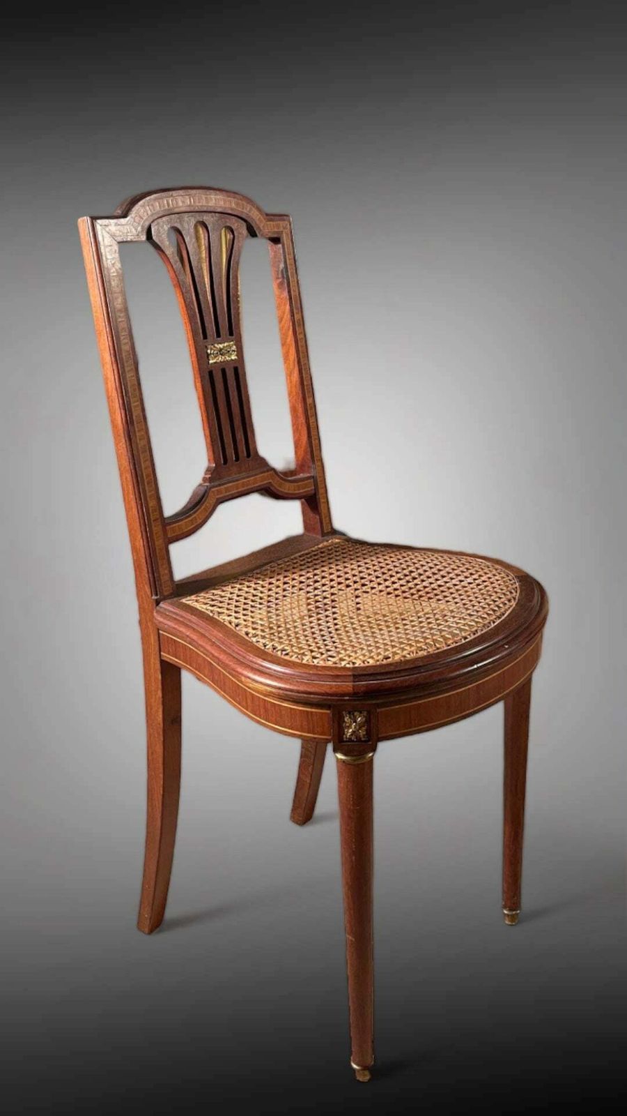 Beautiful Pair Of Antique French Empire Mahogany Satin Wood Inlay Louis XV Cane Show Chairs photo Furniture