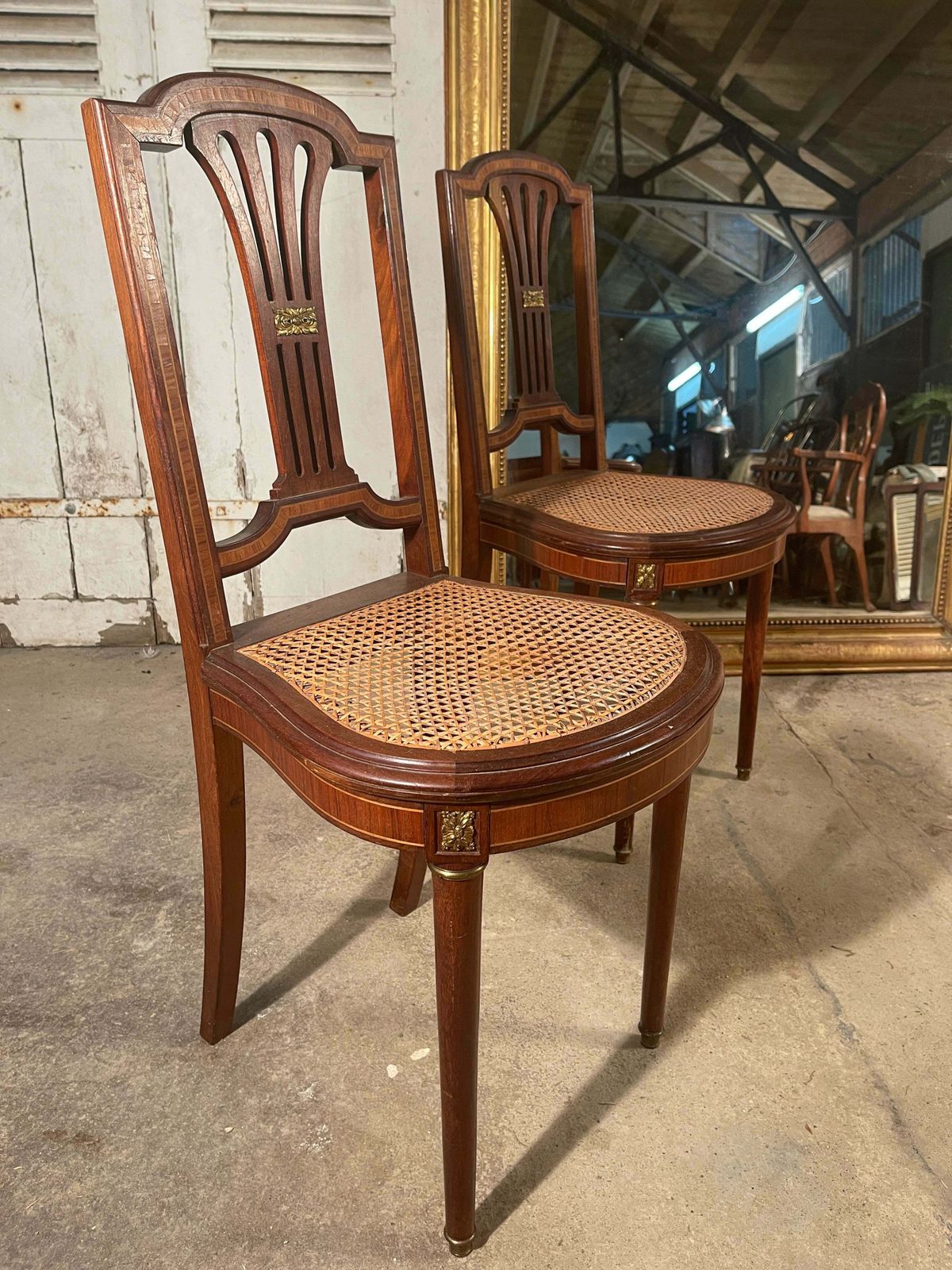 Beautiful Pair Of Antique French Empire Mahogany Satin Wood Inlay Louis XV Cane Show Chairs photo 485.0