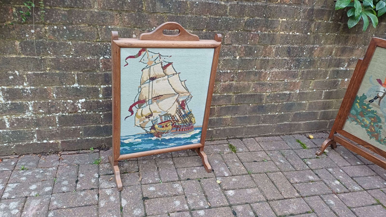 Vintage Tapestry Oak Fire Screen Galleon Glazed photo furniture