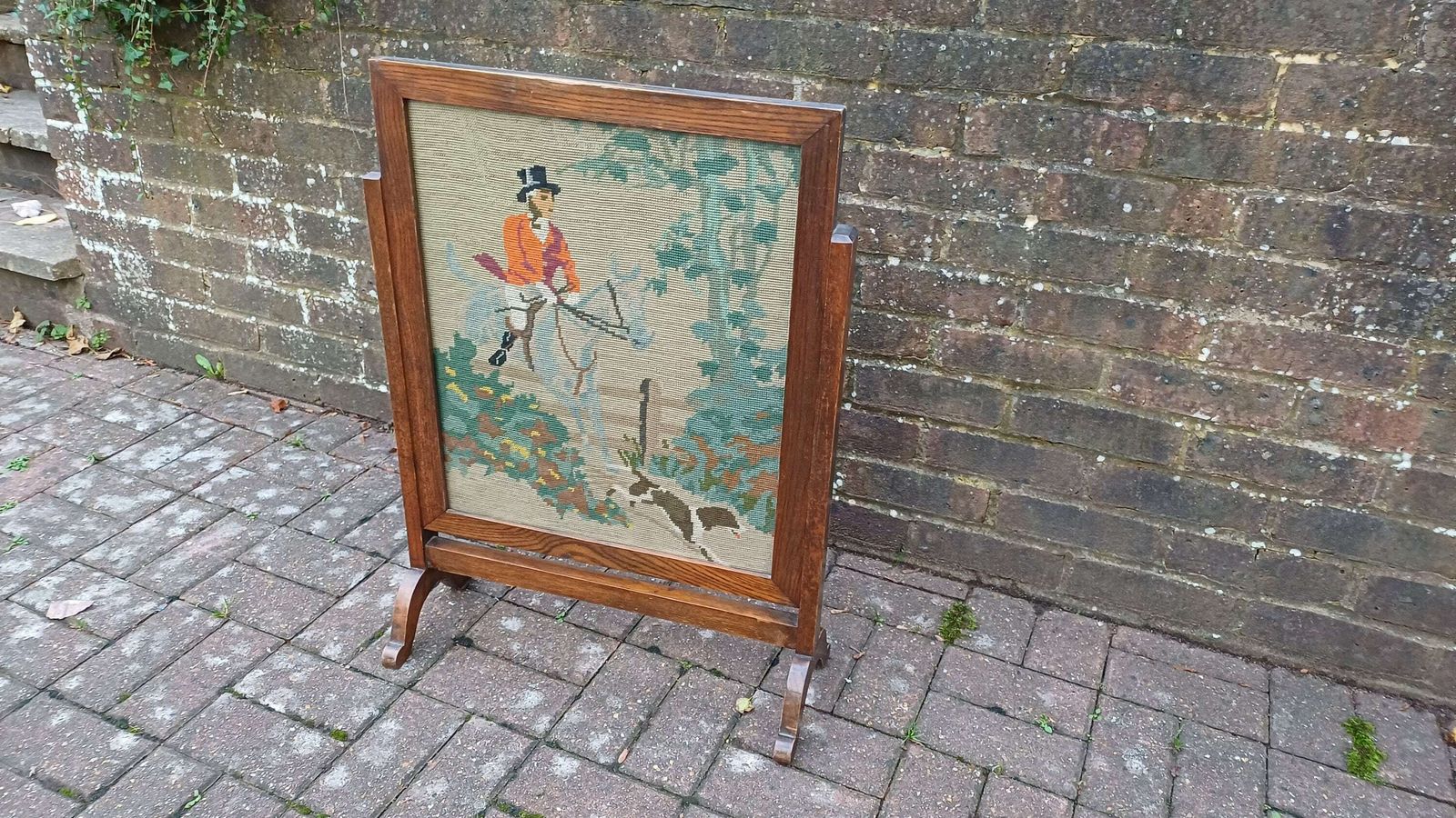 Vintage Tapestry Oak Fire Screen Fox Hunter Hunting photo furniture