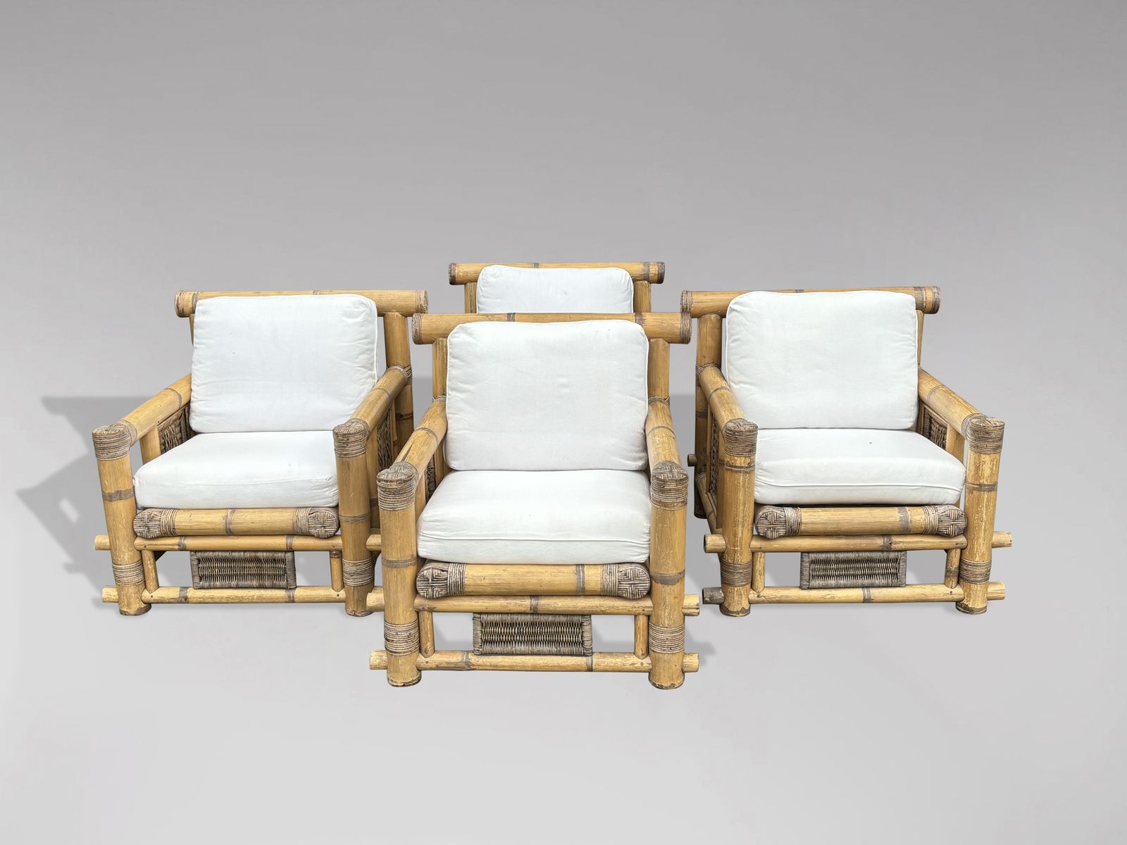 20th Century Set Of 4 Large Bamboo Pagoda Lounge Armchairs photo for sale