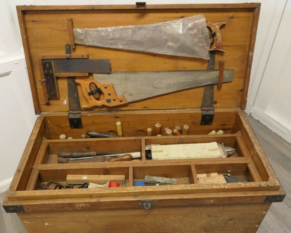 19th Century Carpenters Pine Tool Chest And Tools photo furniture