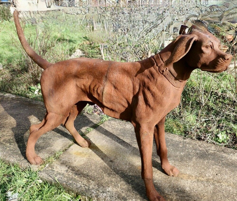 Large Weathered Cast Iron Standing Statue Of A Hunting Dog