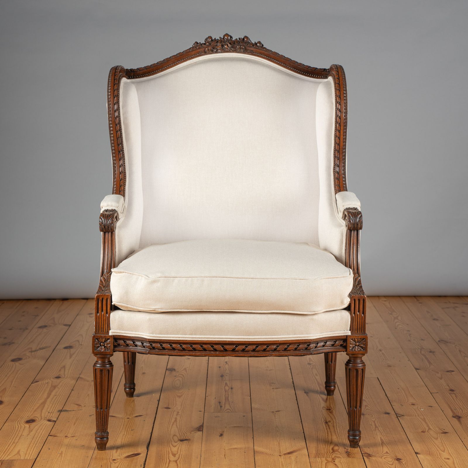 Large 19th Century French Carved Walnut Bergere Upholstered Armchair photo vintage