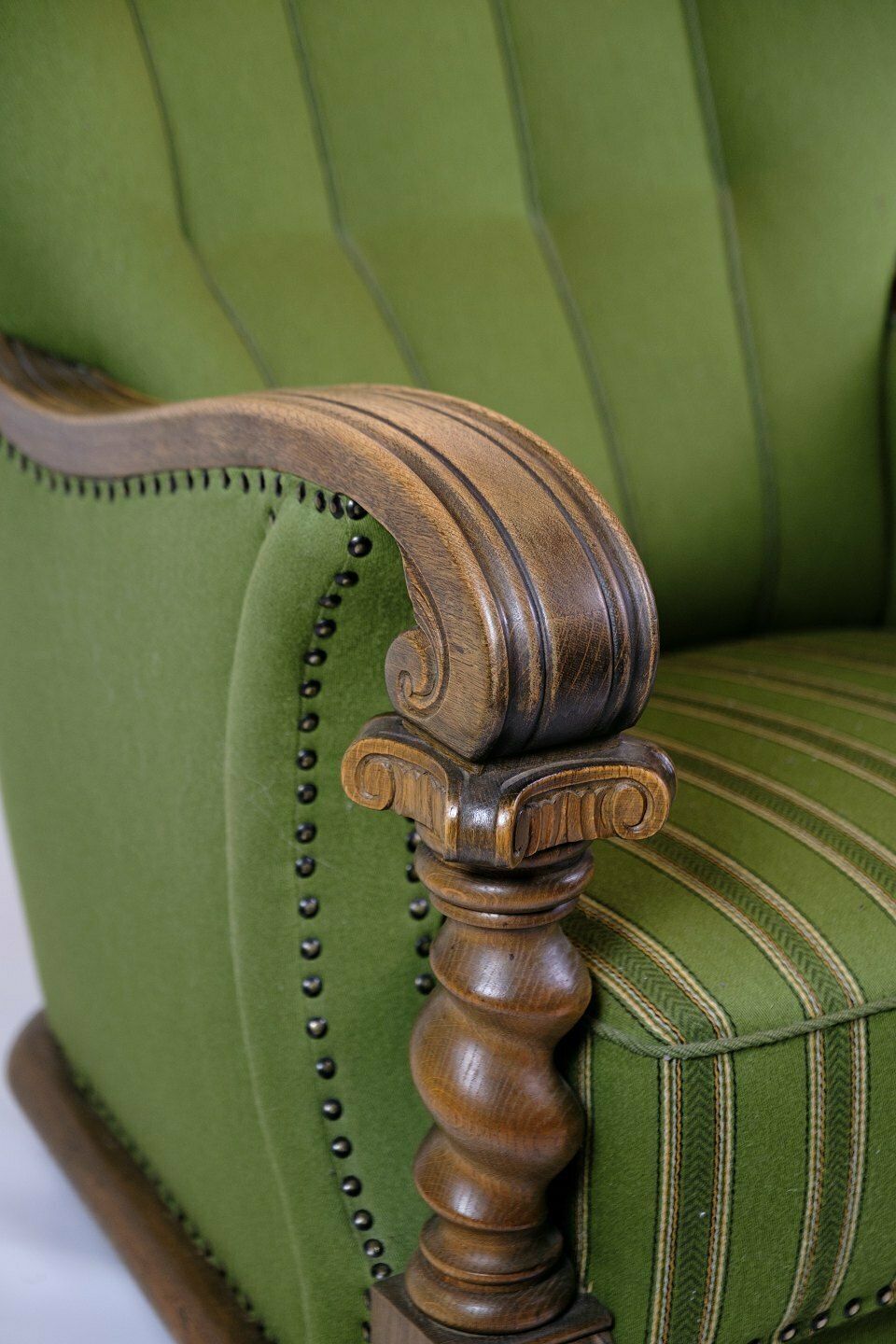Armchair In Green Fabric & Wood Carvings From 1920s photo furniture