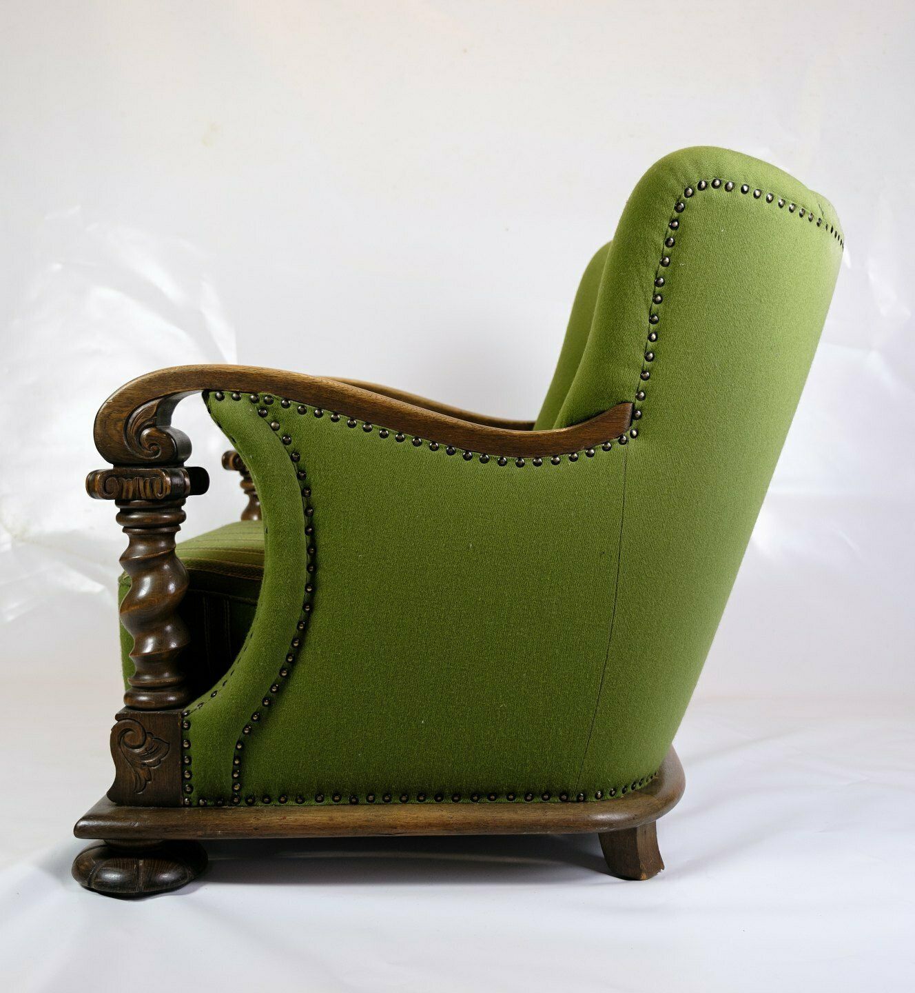 Armchair In Green Fabric & Wood Carvings From 1920s photo vinterior