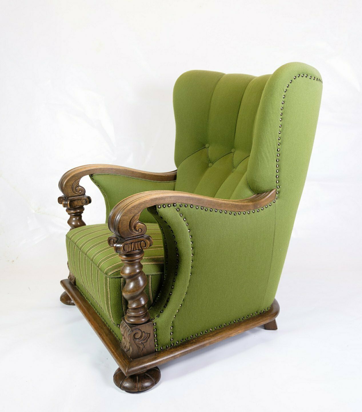 High Backed Armchair In Green Fabric & Wood Carvings From 1920s photo furniture