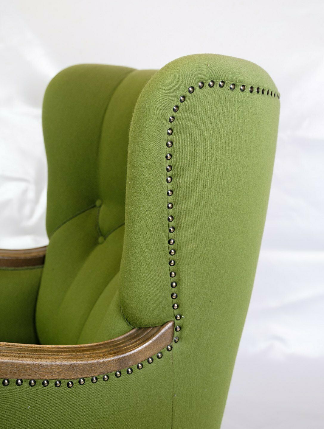 High Backed Armchair In Green Fabric & Wood Carvings From 1920s photo 1240.0