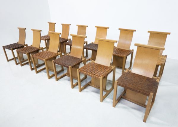 photo for sale Mid Century Modern Set Of 12 Wood And Leather Chairs, Italy, 1950s