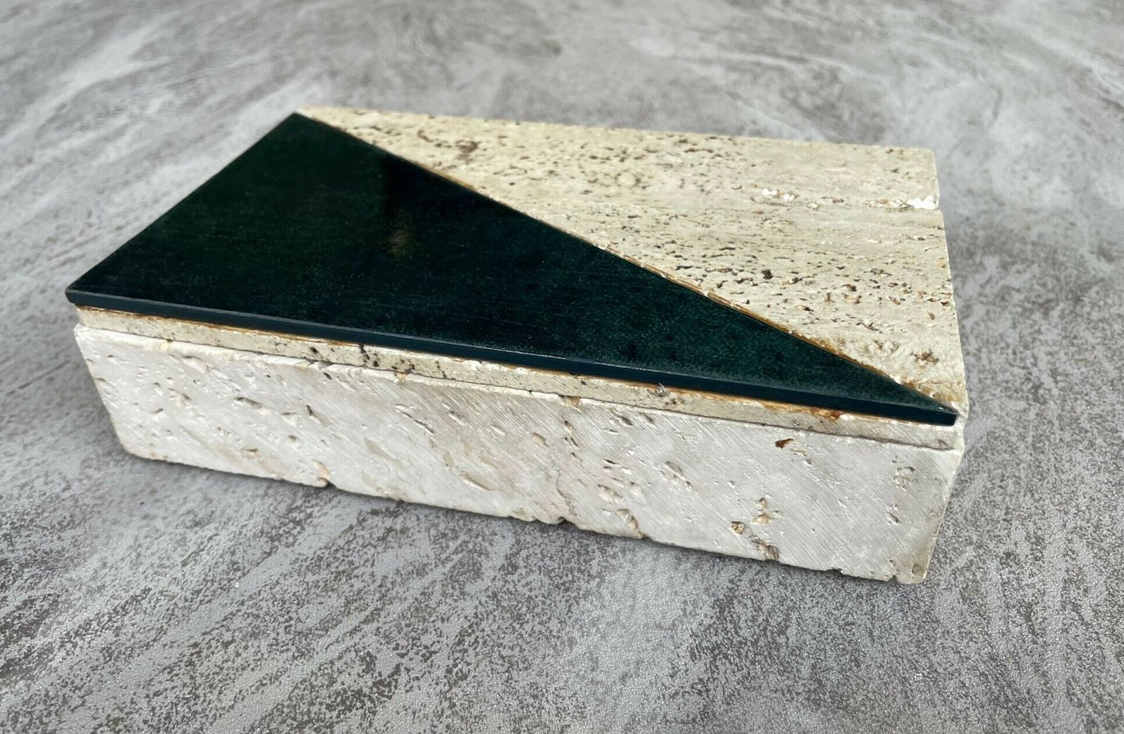 An Italian 1970s Travertine Box With Green Glazed Tile Detail. photo for sale