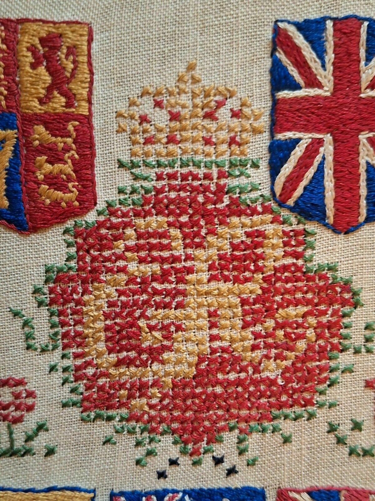 photo furniture Cross Stitch Signed Coronation Sampler 1937 'Domine Dirige Nos' Top Metal Crest