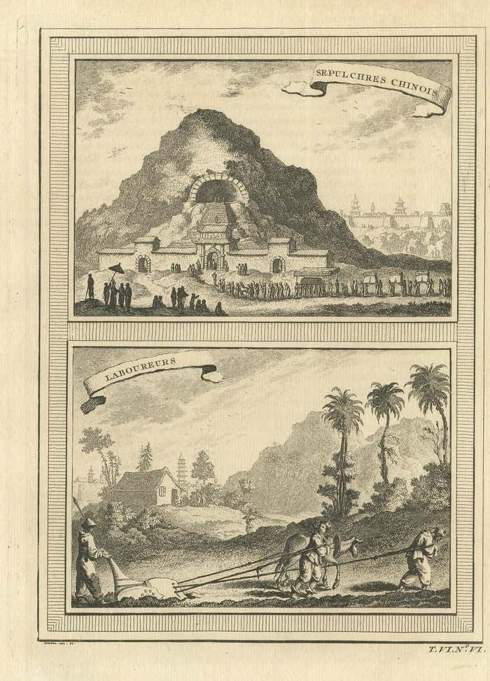 Antique Print Of Chinese Tombs And Chinese Farmers By Chedel '1748' photo for sale