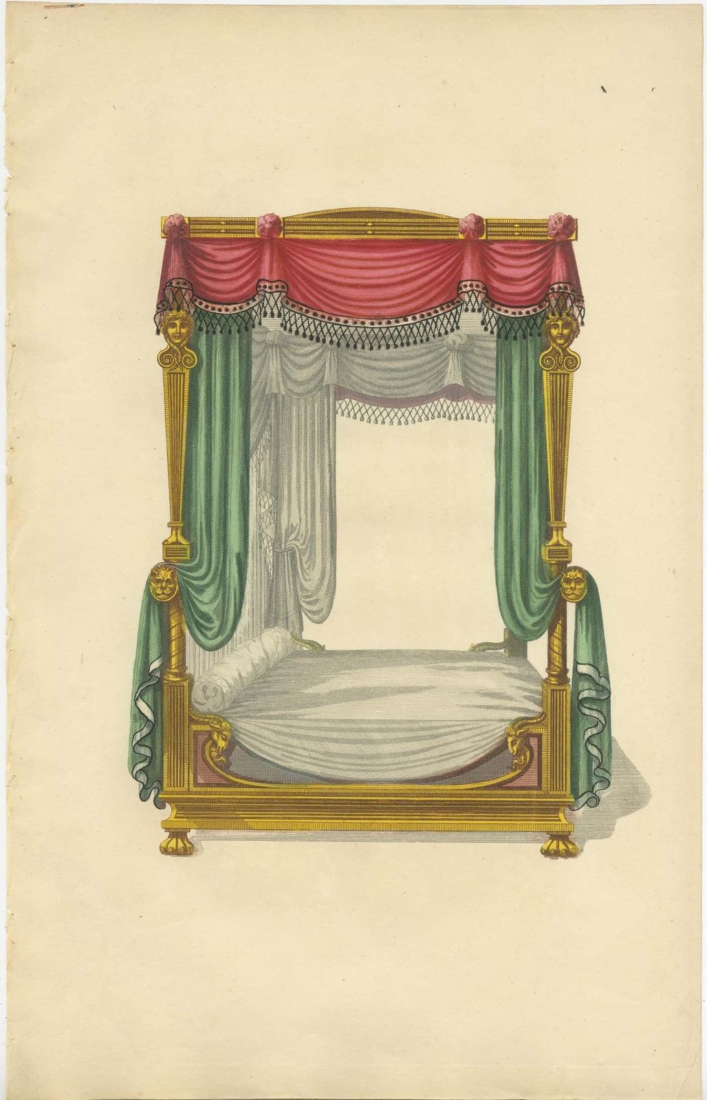 Set Of 7 Antique Prints Of Beds With Drapery By Sheraton '1805' photo for sale