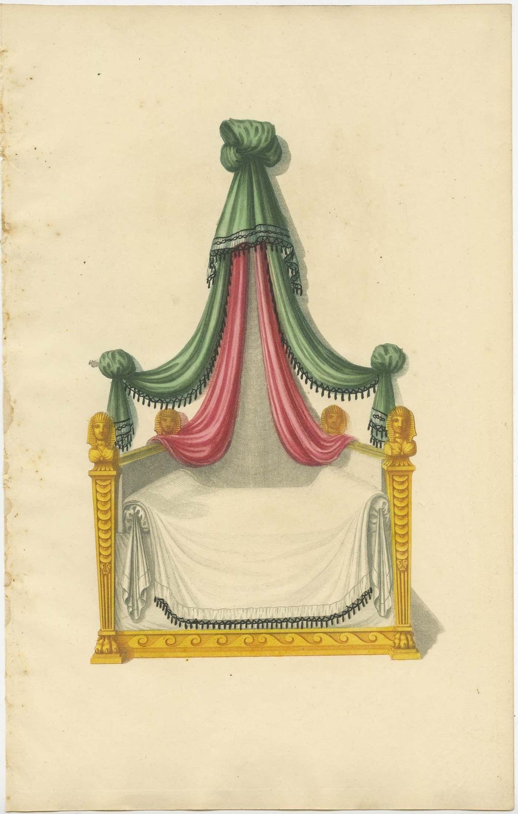 Set Of 7 Antique Prints Of Beds With Drapery By Sheraton '1805' photo vintage