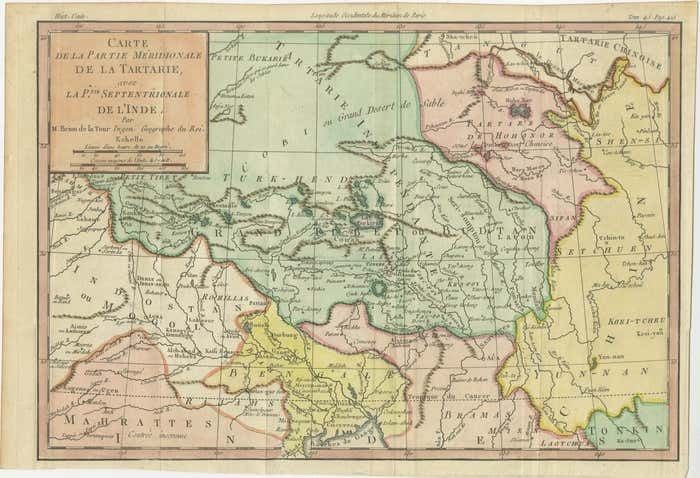 Original Hand Colored Antique Map Of Tartary And Northern India photo for sale