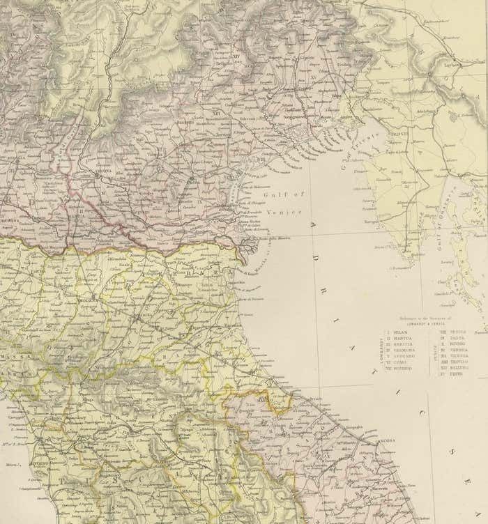 Original Antique Map Of Italy With An Inset Of Sardinia, 1882 photo for sale