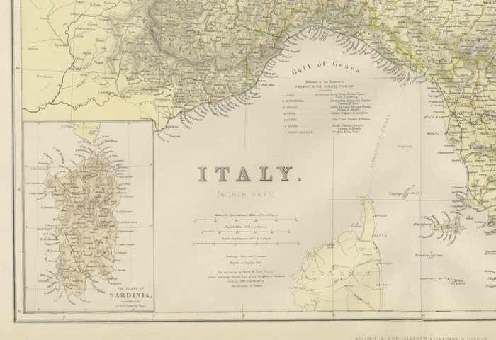 Original Antique Map Of Italy With An Inset Of Sardinia, 1882 photo Art