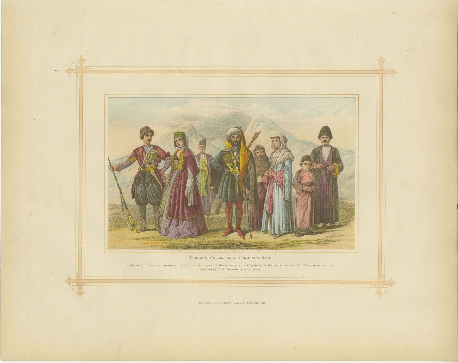 Decorative Antique Lithograph Of The Georgian, Circassian & Armenian Races, 1882 photo furniture