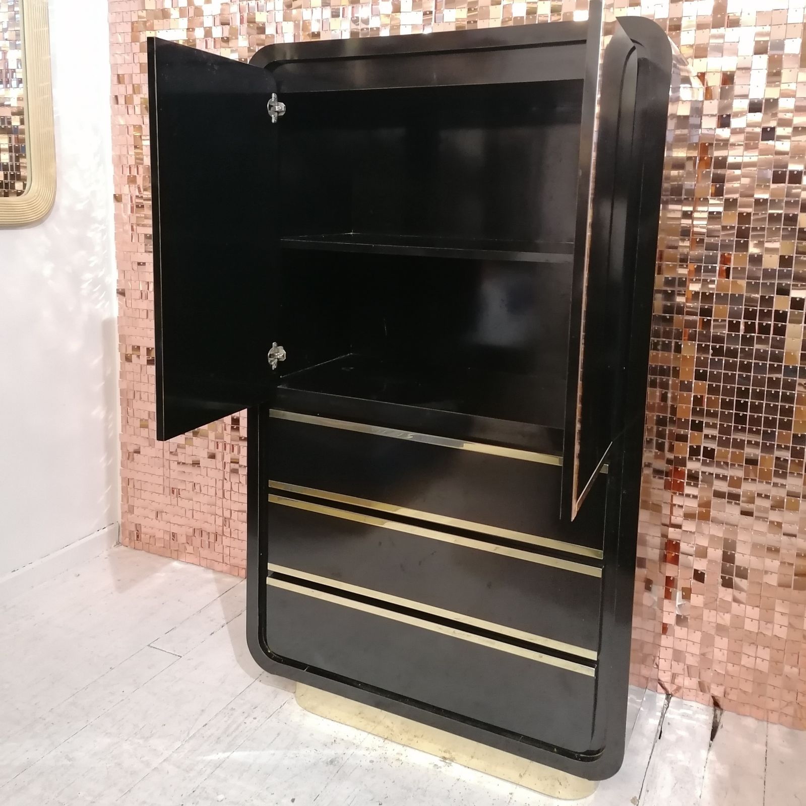 A Stunning Deco Revival 1980s American Black Laminate & Gold Tallboy Dresser photo buy