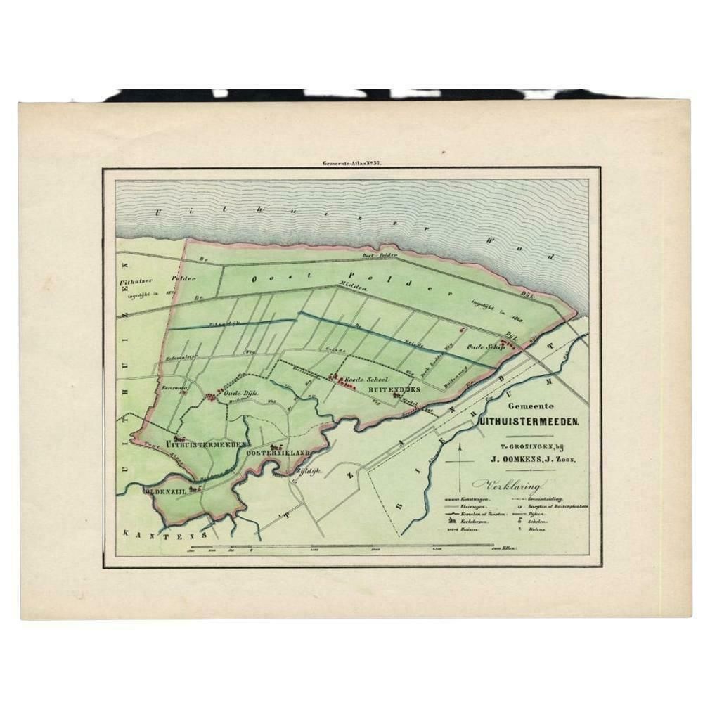 Original Antique Map Of The Township Of Uithuizermeeden The Netherlands 1862