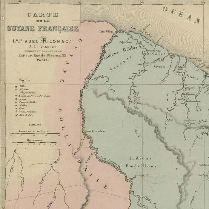 Antique Engraved Map With Original Hand Colour Of French Guiana, 1876 photo furniture