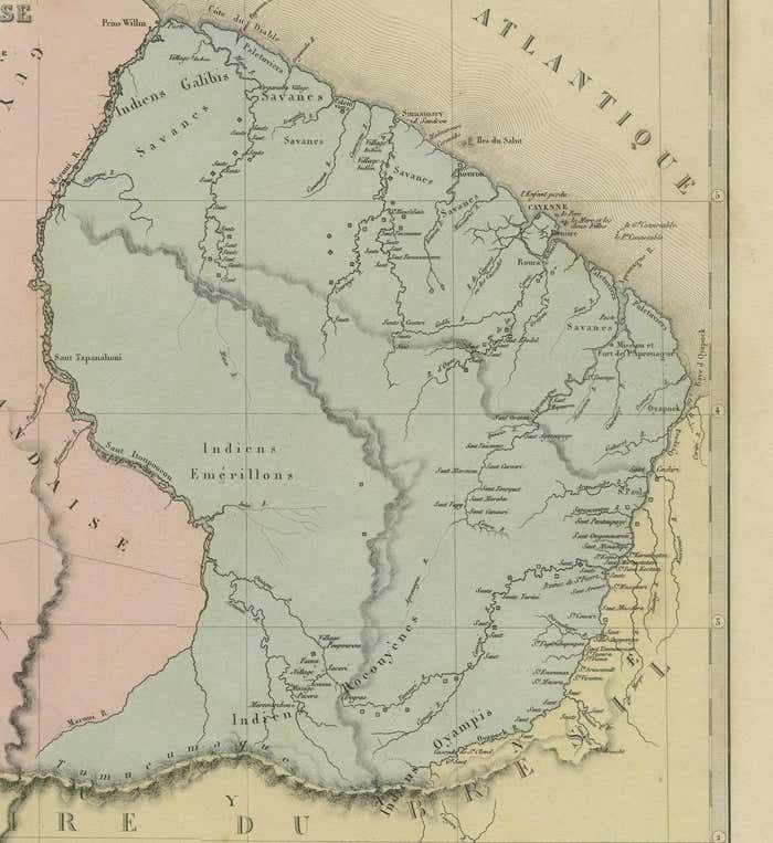 Antique Engraved Map With Original Hand Colour Of French Guiana, 1876 photo for sale