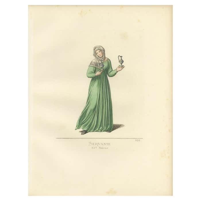 Antique Print Of A Servant, 15th Century, By Bonnard, 1860