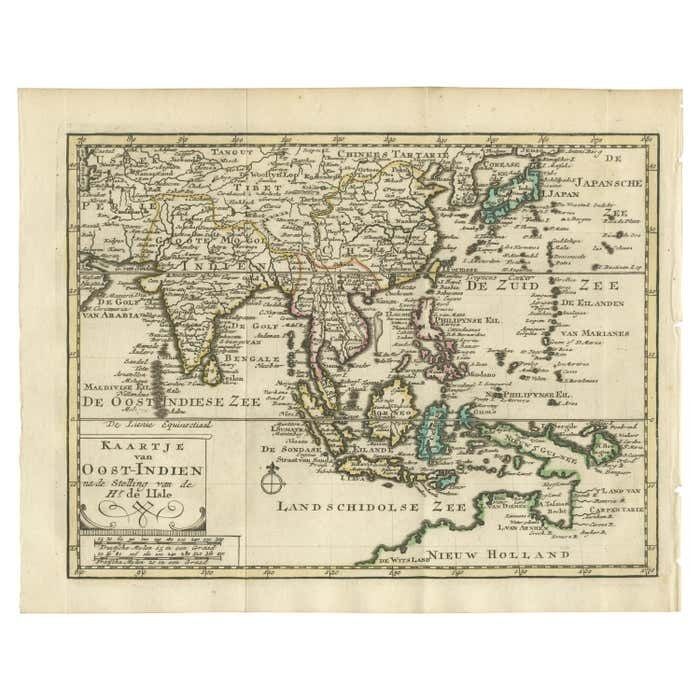 Authentic Old Map Of Southeast Asia With Original Border Coloring, 1745