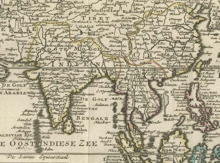 Authentic Old Map Of Southeast Asia With Original Border Coloring, 1745 photo for sale