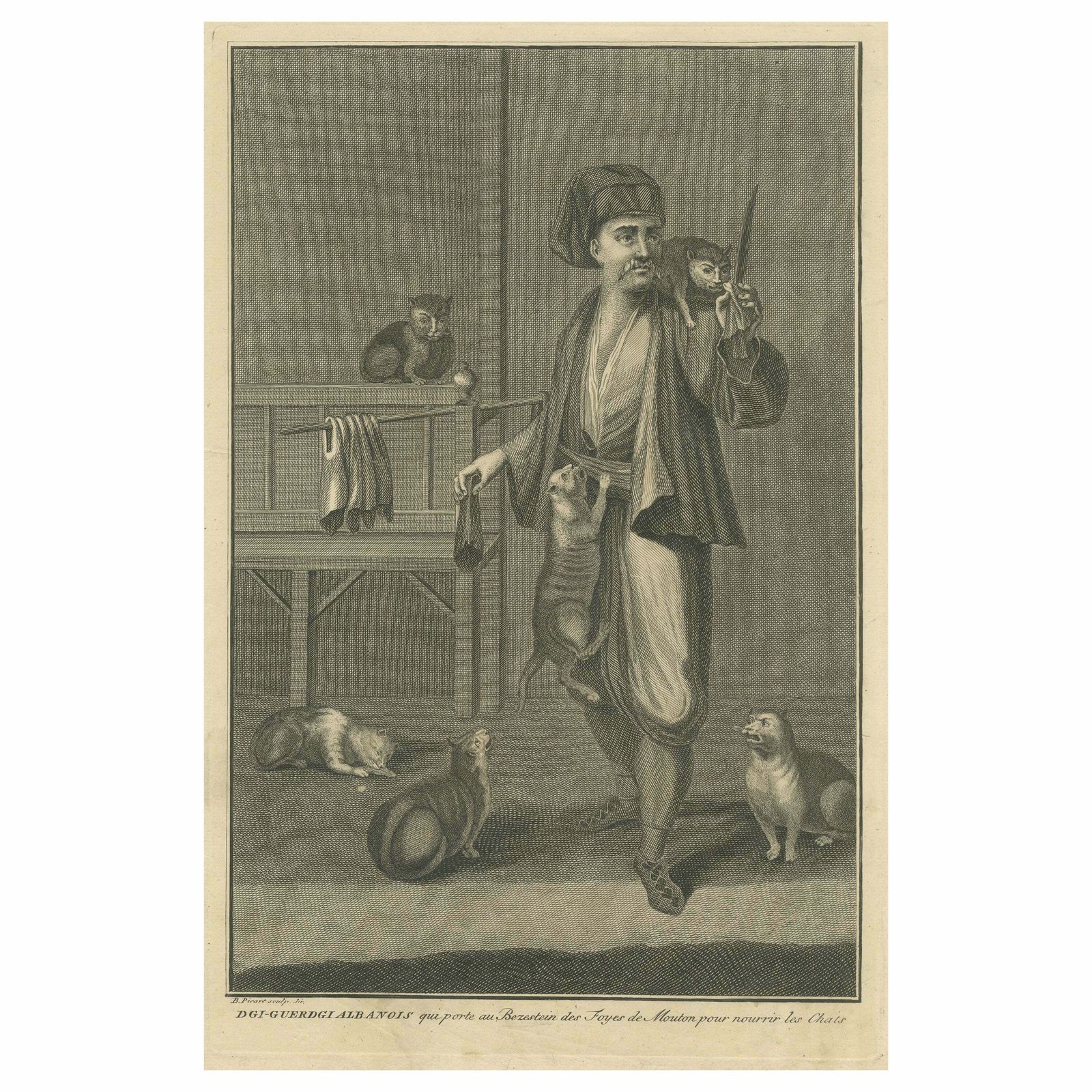 Antique Print Of Dgi Guerdgi Feeding Cats In The Bazaar