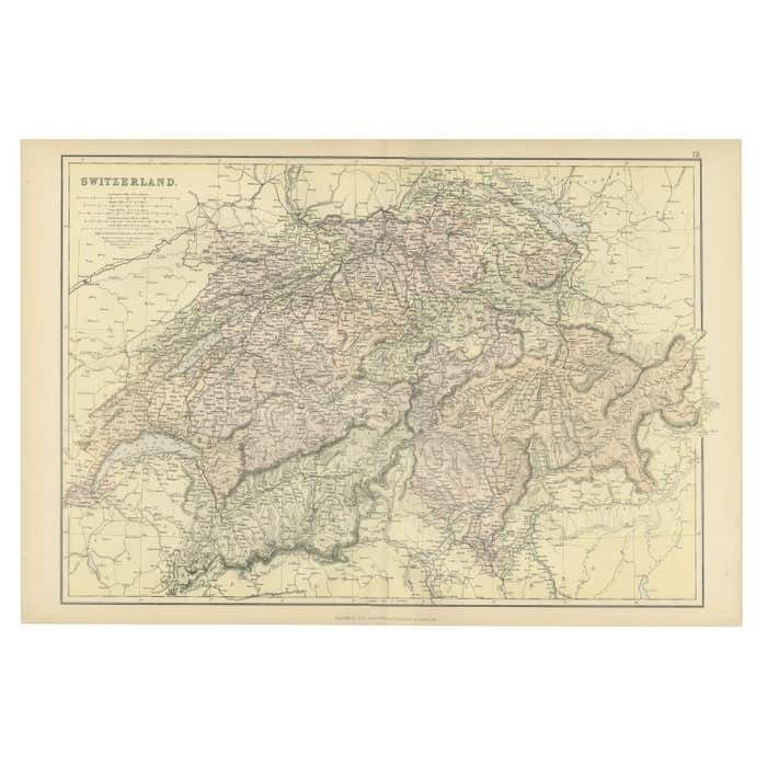 Original Antique Map Of Switzerland, 1882