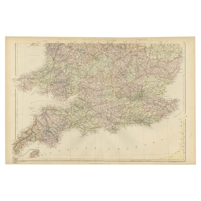 Colorful Detailed Antique Map Of England And Wales (South Part), 1882
