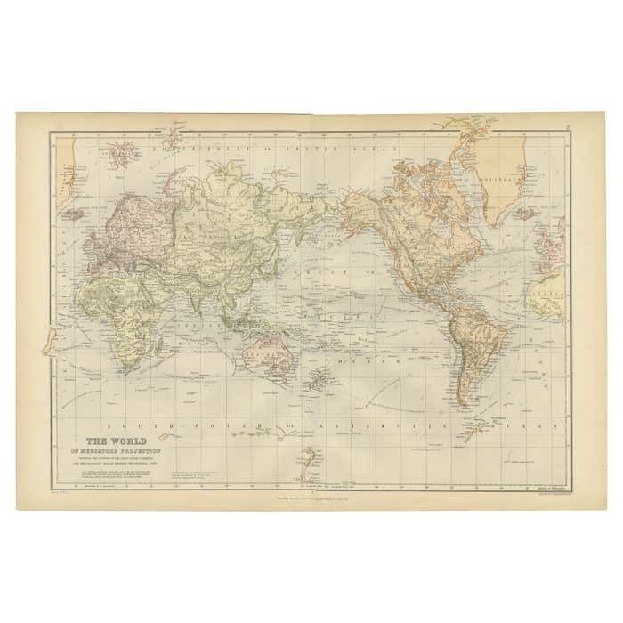 Colorful Detailed Antique Map Of The World On Mercators Projection, 1882