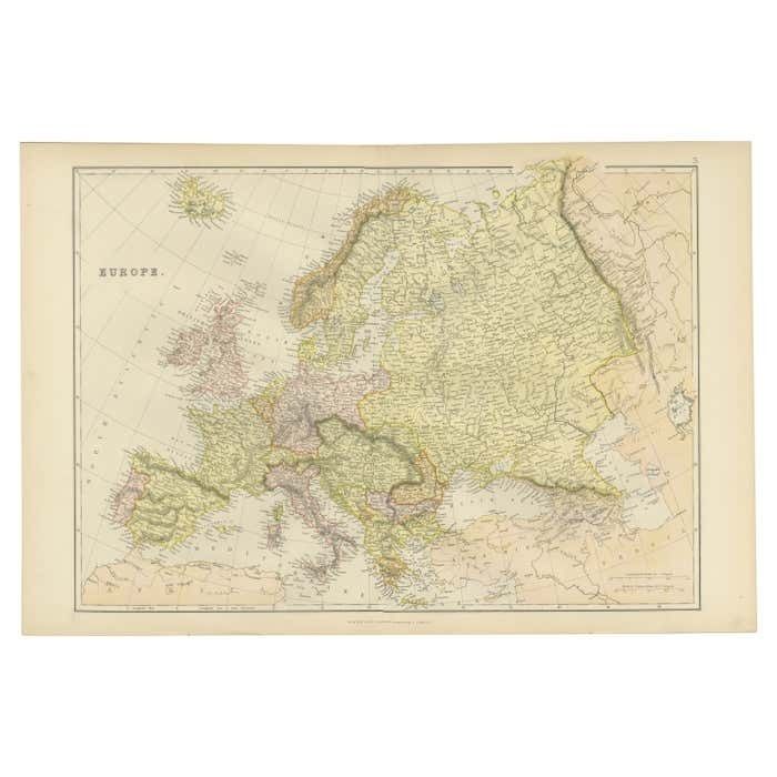 Colorful Detailed Antique Map Of Europe, Published In 1882