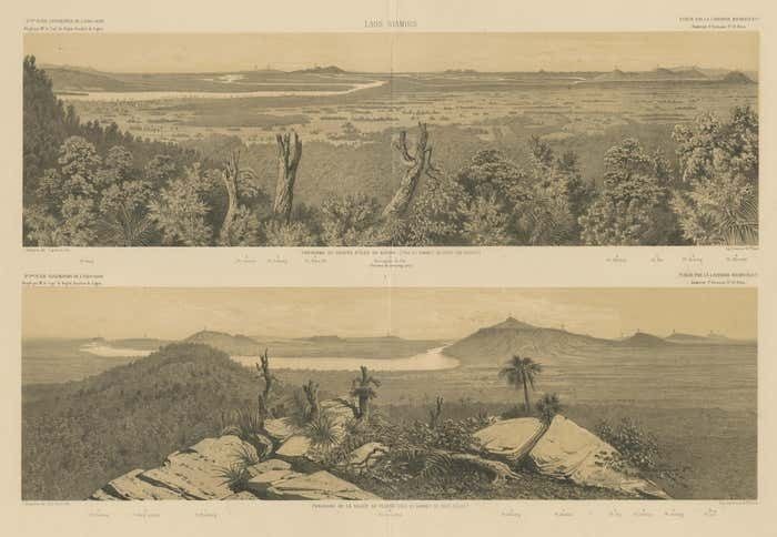 Large Antique Print With Panoramic Views Of Khong Island And A Valley, Laos photo for sale