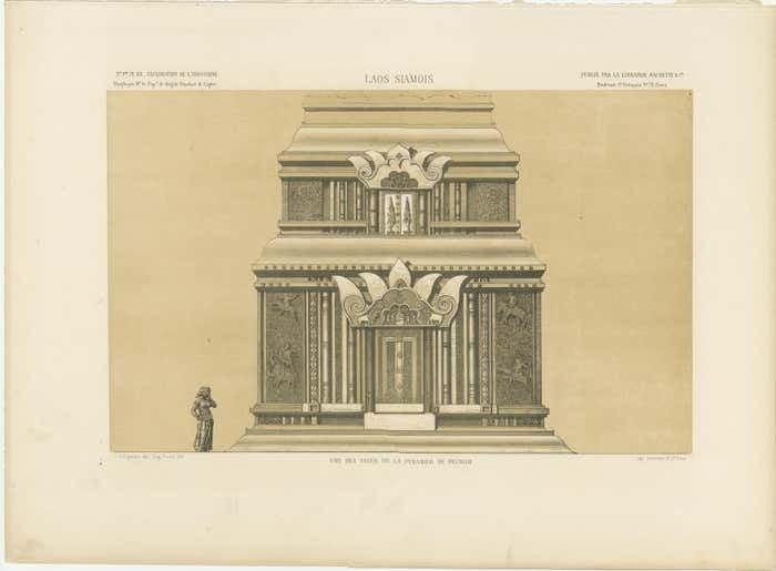 Large Antique Print Of The Peunom Pyramid, Laos photo furniture