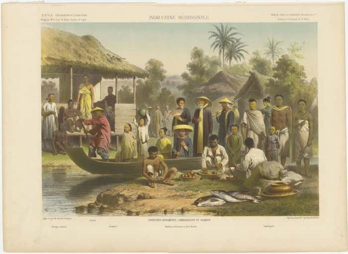 Large Antique Print Of Vietnamese, Cambodian And Siamese Costumes photo furniture