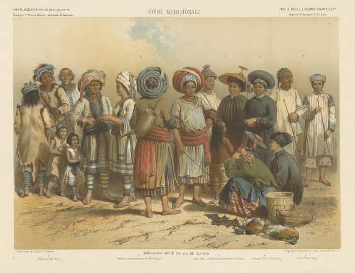Large Antique Print With Mixed Populations Of Yunnan, Including Yi People, China photo for sale